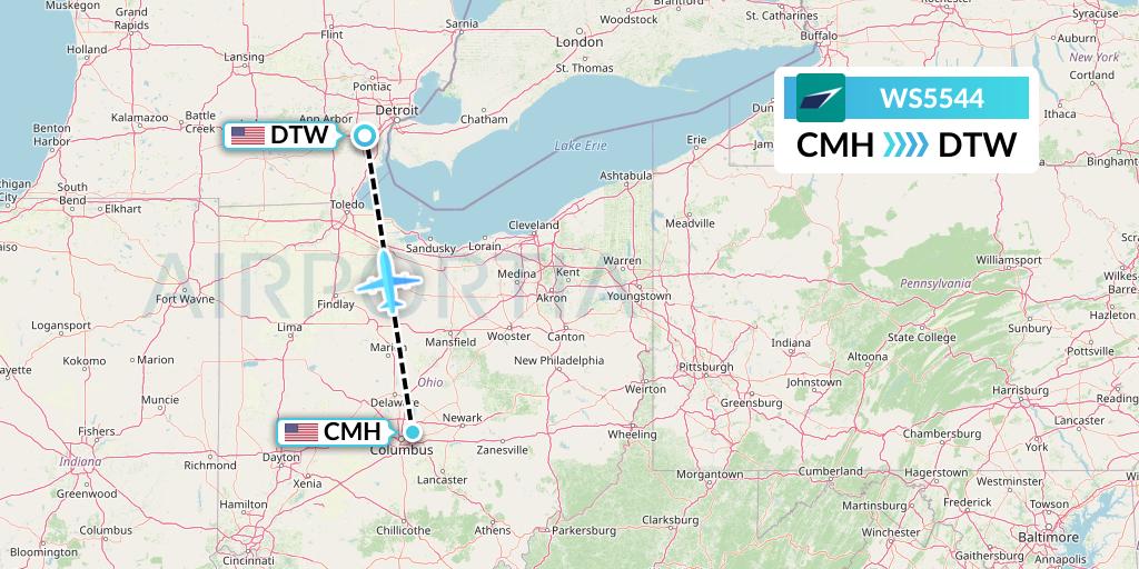 WS5544 WestJet Flight Map: Columbus to Detroit