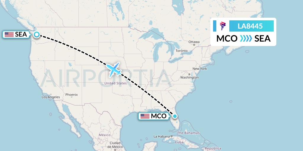 LA8445 LAN Airlines Flight Map: Orlando to Seattle