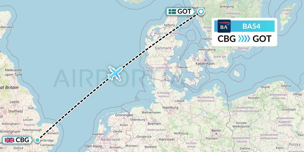 BA54 British Airways Flight Map: Cambridge to Gothenburg