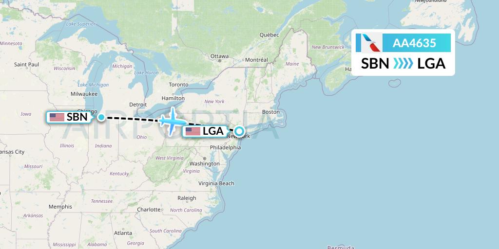 AA4635 American Airlines Flight Map: South Bend to New York