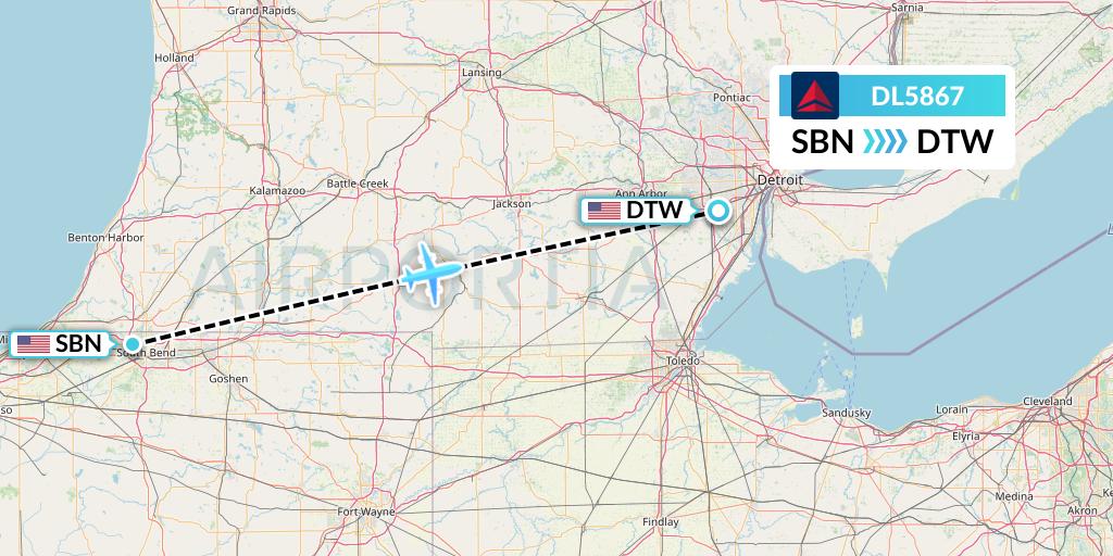 DL5867 Delta Air Lines Flight Map: South Bend to Detroit