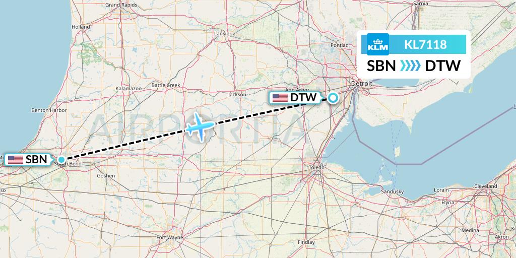 KL7118 KLM Flight Map: South Bend to Detroit