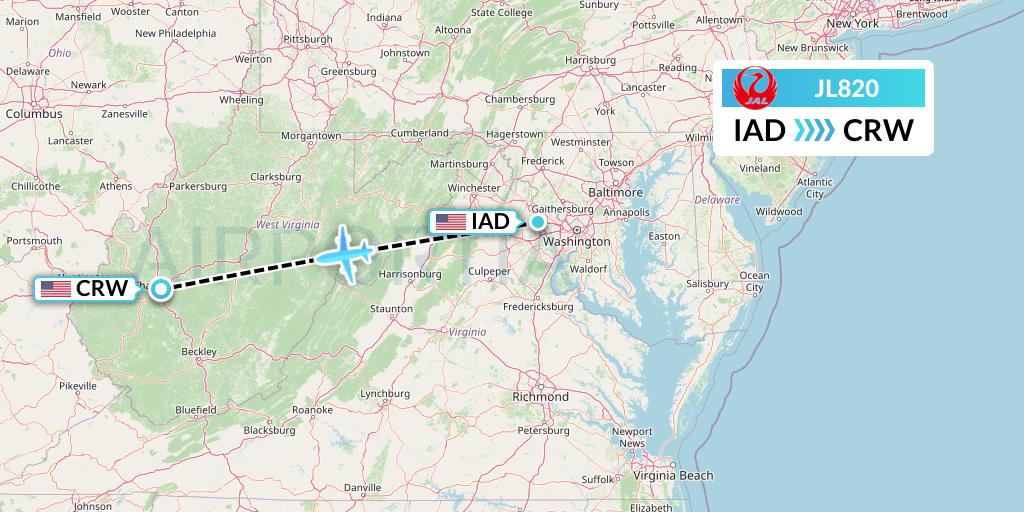 JL820 Japan Airlines Flight Map: Washington to Charleston