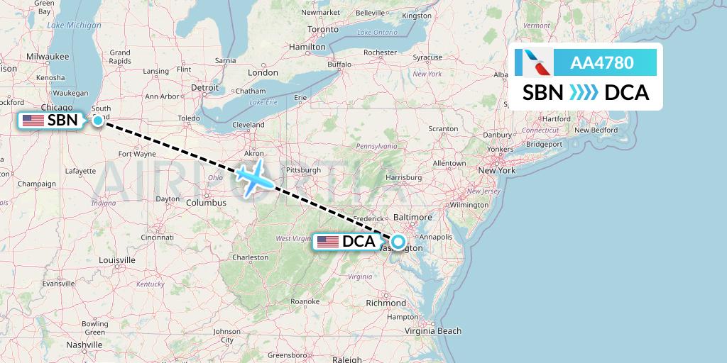AA4780 American Airlines Flight Map: South Bend to Washington