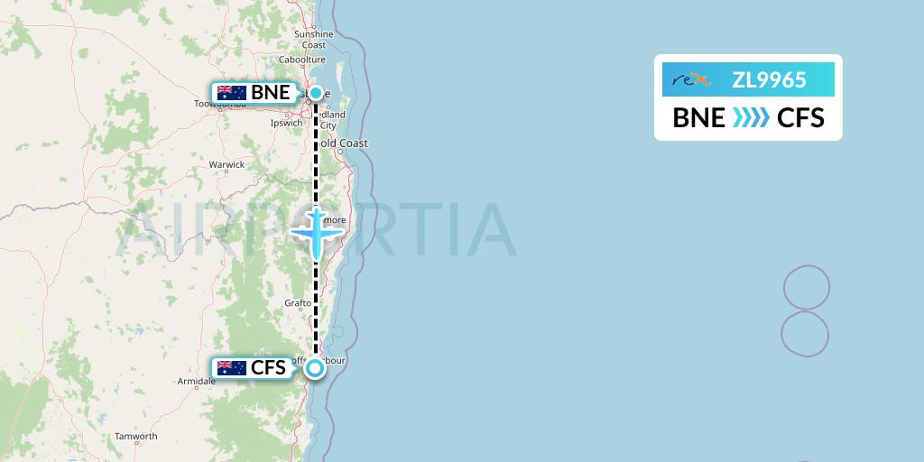 ZL9965 Regional Express Flight Map: Brisbane to Coffs Harbour