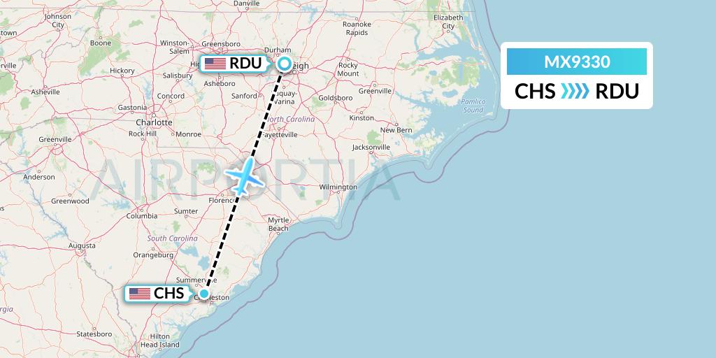 MX9330 Breeze Airways Flight Map: Charleston to Raleigh-Durham