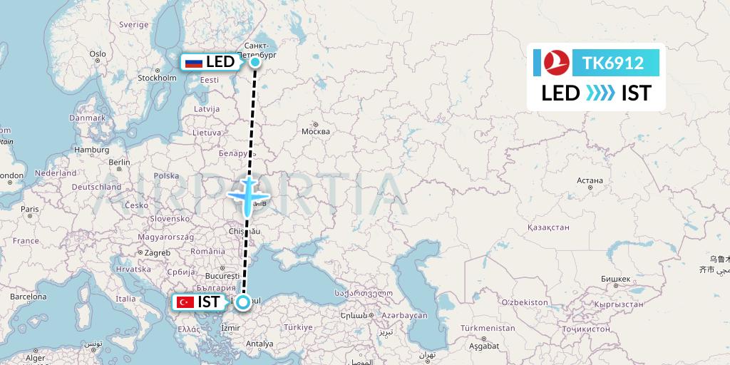 TK6912 Turkish Airlines Flight Map: St. Petersburg to Istanbul