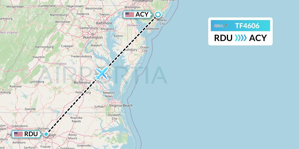 TF4606 Malmo Aviation Flight Map: Raleigh-Durham to Atlantic City