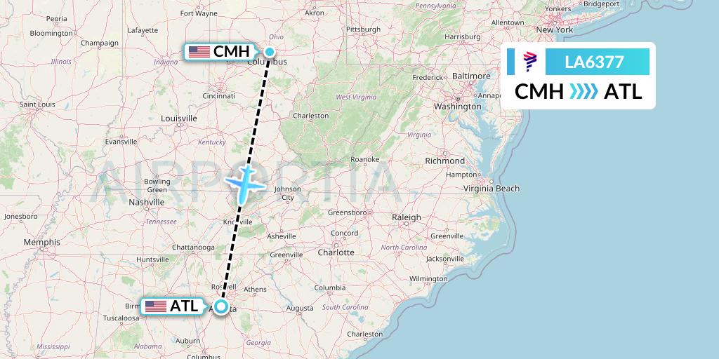 LA6377 LAN Airlines Flight Map: Columbus to Atlanta