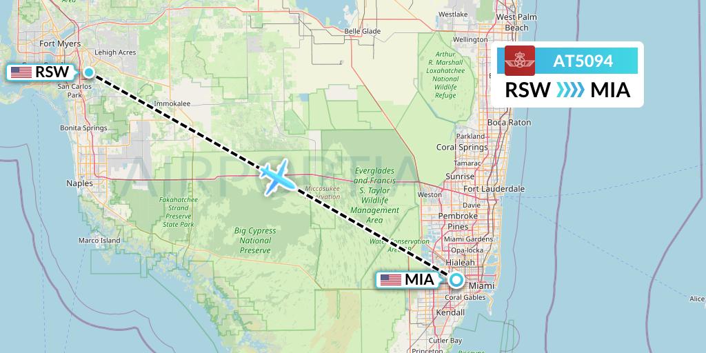 AT5094 Royal Air Maroc Flight Map: Fort Myers to Miami