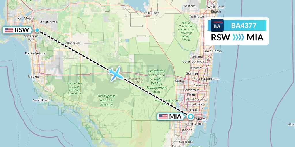 BA4377 British Airways Flight Map: Fort Myers to Miami