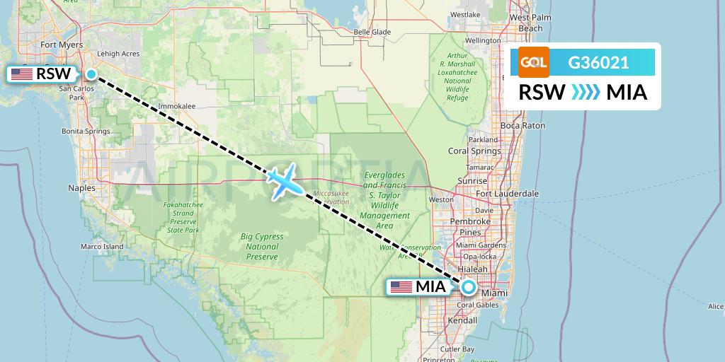 G36021 GOL Transportes Aeros Flight Map: Fort Myers to Miami