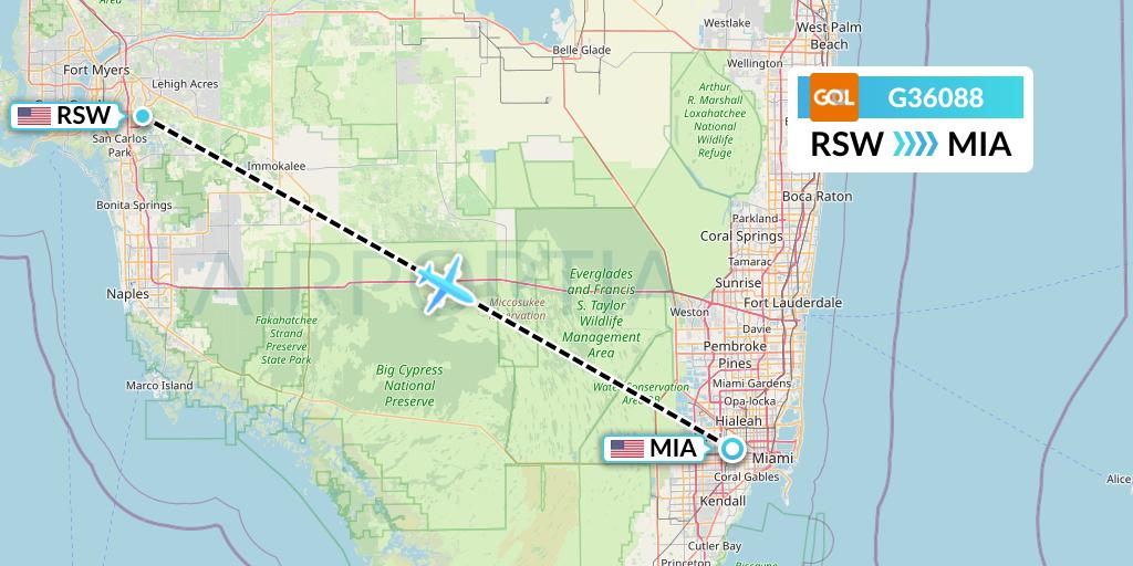 G36088 GOL Transportes Aeros Flight Map: Fort Myers to Miami