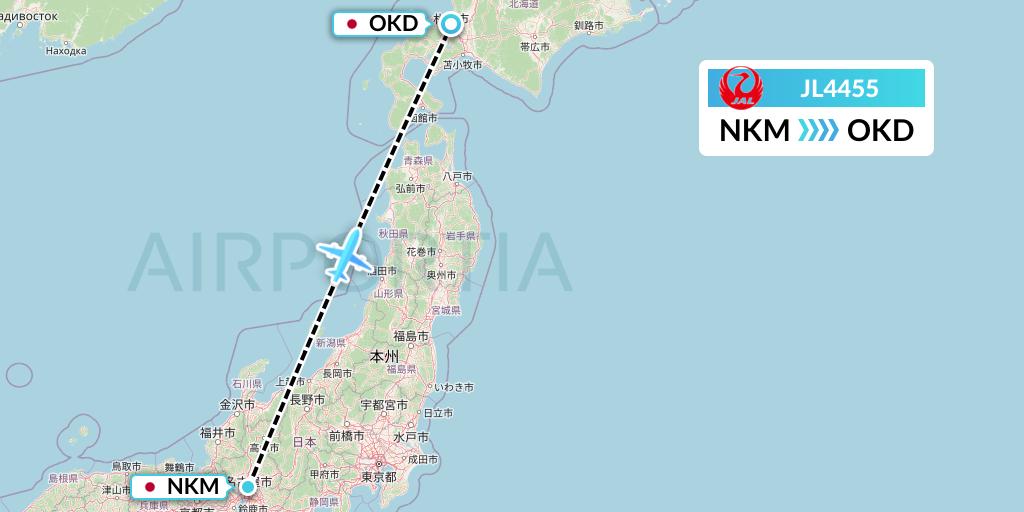 JL4455 Japan Airlines Flight Map: Nagoya to Sapporo