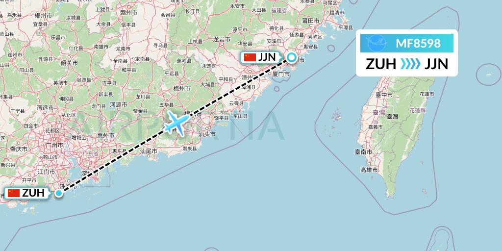 MF8598 Xiamen Airlines Flight Map: Zhuhai to Jinjiang