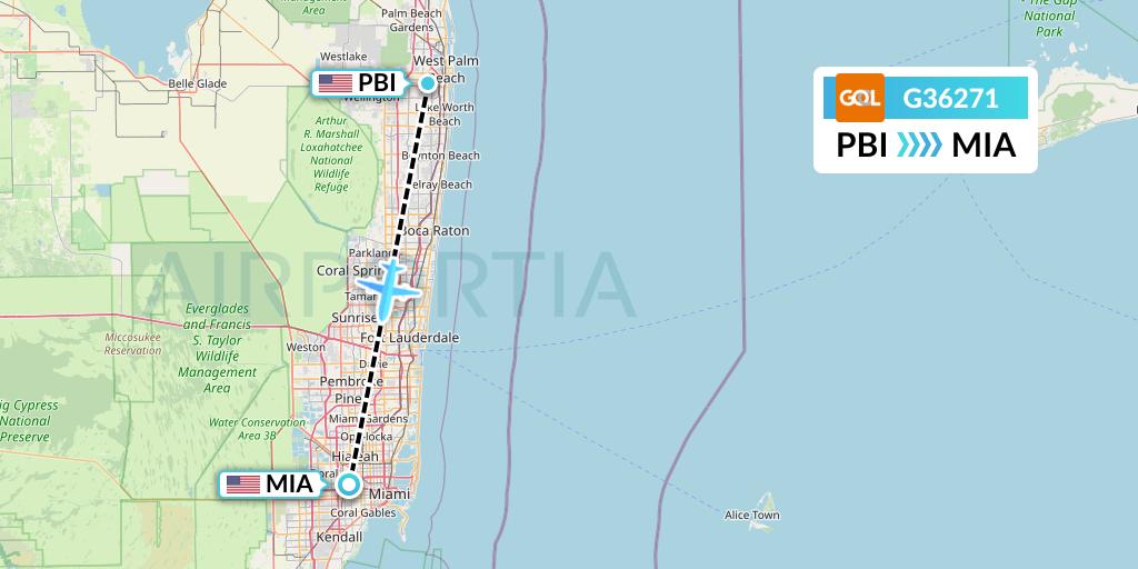 G36271 GOL Transportes Aeros Flight Map: West Palm Beach to Miami