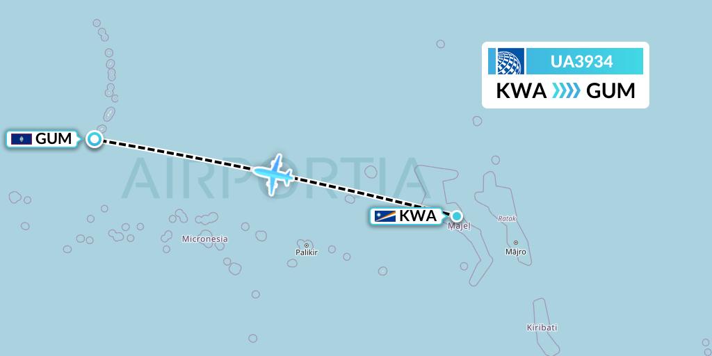 UA3934 United Airlines Flight Map: Kwajalein to Guam