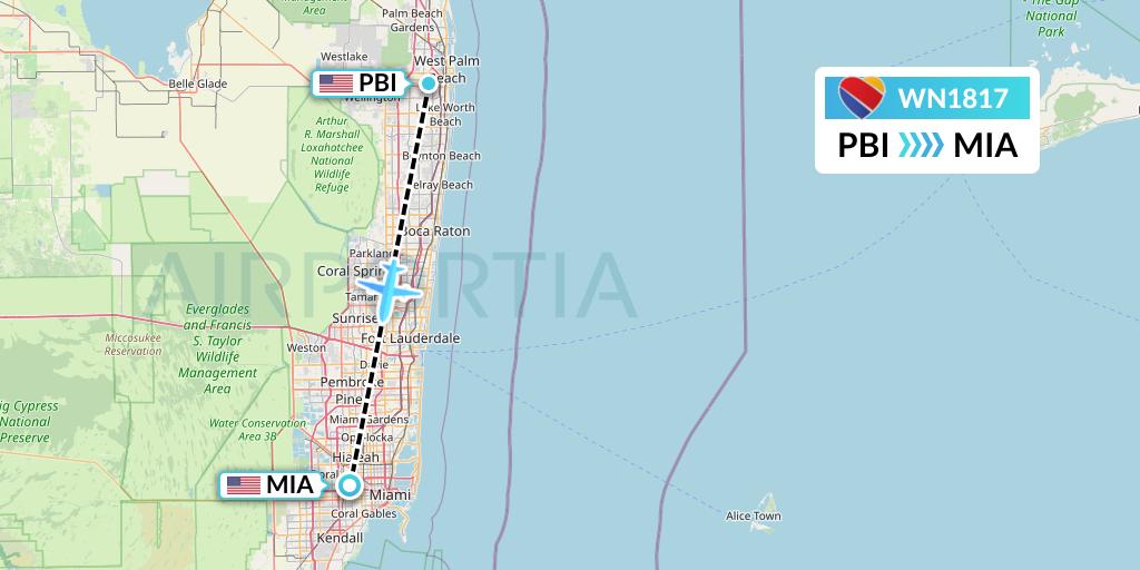 WN1817 Southwest Airlines Flight Map: West Palm Beach to Miami