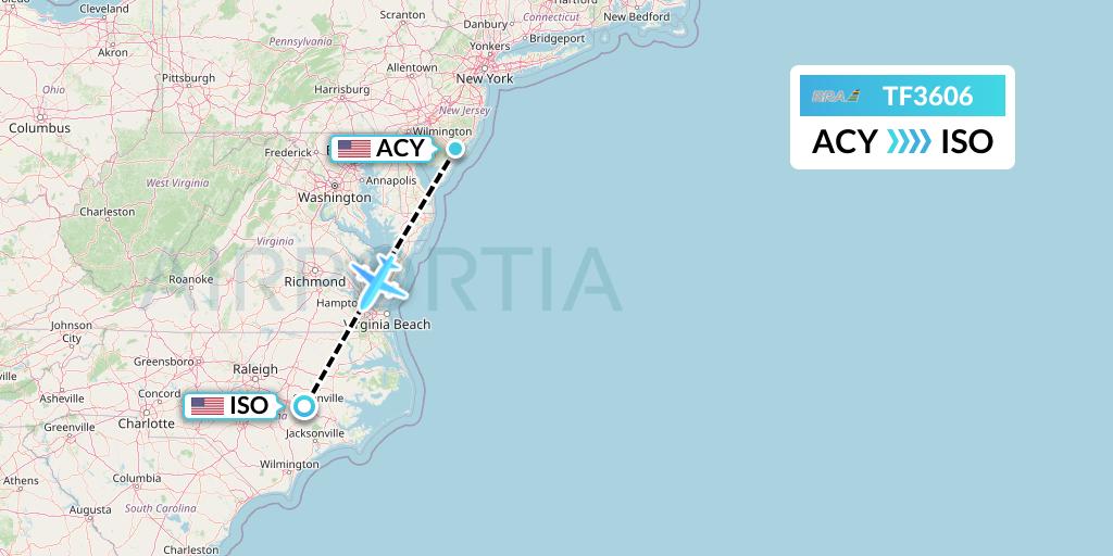 TF3606 Malmo Aviation Flight Map: Atlantic City to Kinston