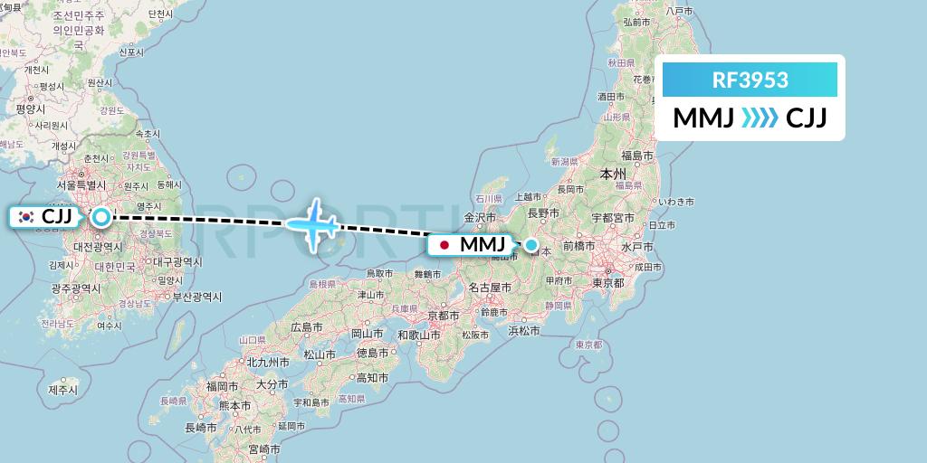 RF3953 Aero K Airlines Flight Map: Matsumoto to Cheongju