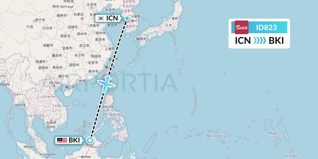 ID823 Batik Air Flight Map: Seoul to Kota Kinabalu