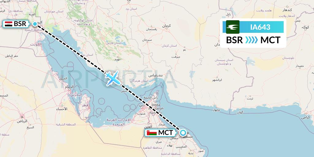 IA643 Iraqi Airways Flight Map: Basra to Muscat
