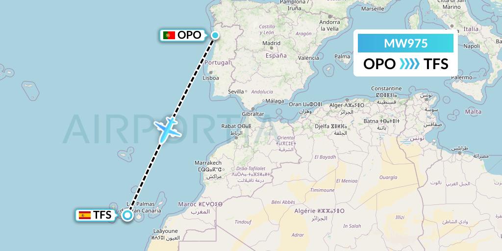 MW975 Mokulele Flight Service Flight Map: Porto to Tenerife