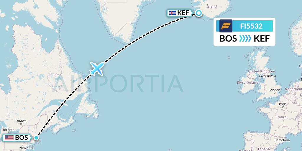 FI5532 Icelandair Flight Map: Boston to Reykjavik