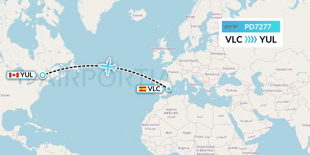 PD7277 Porter Airlines Flight Map: Valencia to Montreal