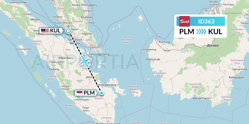 ID363 Batik Air Flight Map: Palembang to Kuala Lumpur