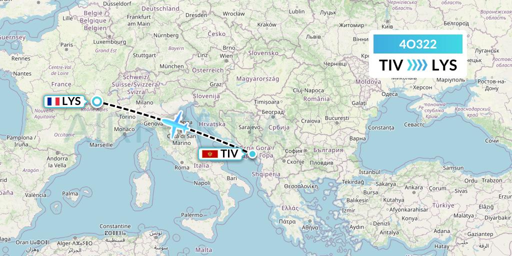 4O322 Air Montenegro Flight Map: Tivat to Lyon