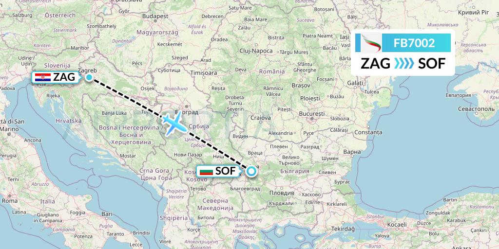 FB7002 Bulgaria Air Flight Map: Zagreb to Sofia