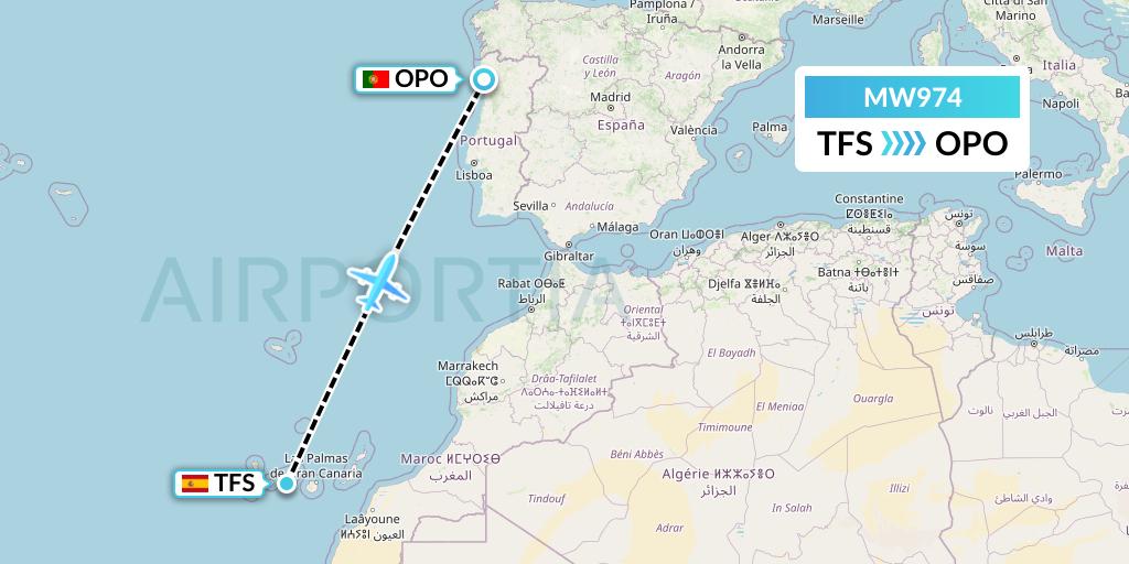 MW974 Mokulele Flight Service Flight Map: Tenerife to Porto