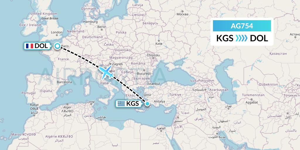 AG754 Aruba Airlines Flight Map: Kos to Deauville