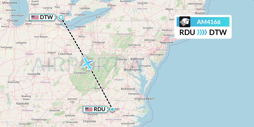 AM4166 Aeromexico Flight Map: Raleigh-Durham to Detroit