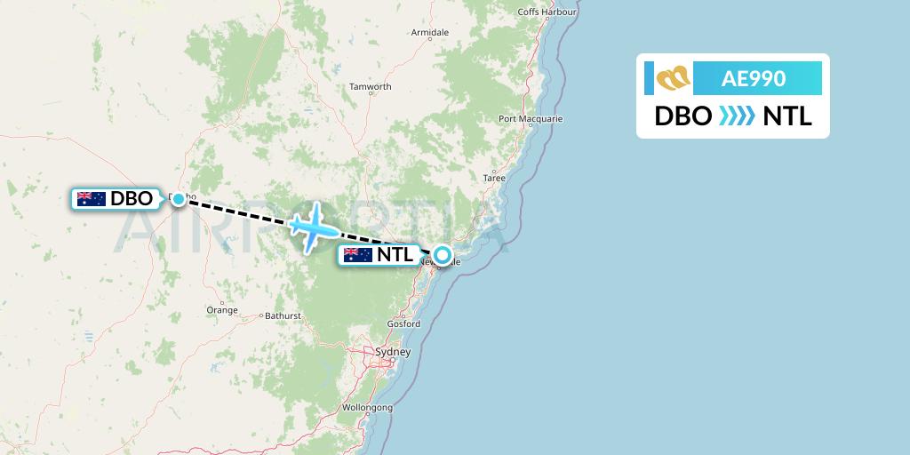 AE990 Mandarin Airlines Flight Map: Dubbo to Newcastle