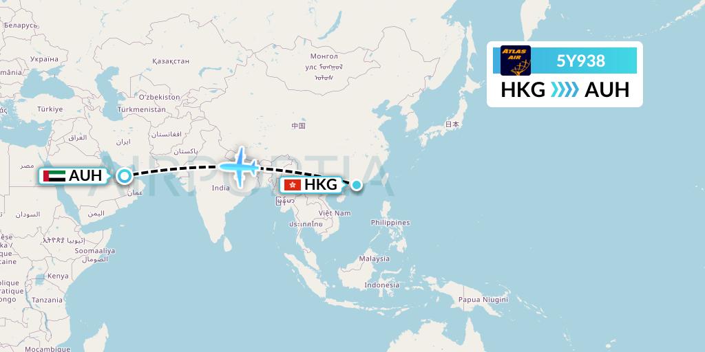 5Y938 Atlas Air Flight Map: Hong Kong to Abu Dhabi