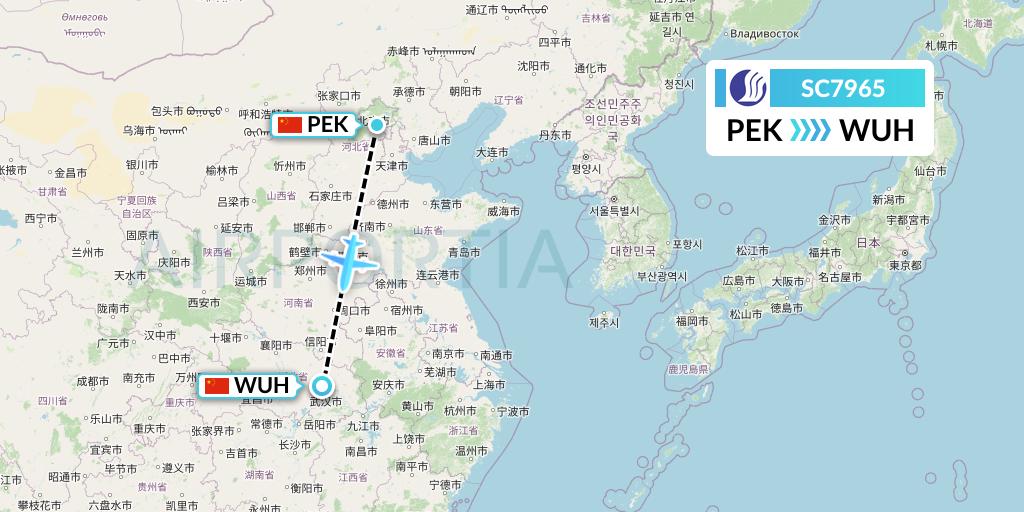 SC7965 Shandong Airlines Flight Map: Beijing to Wuhan