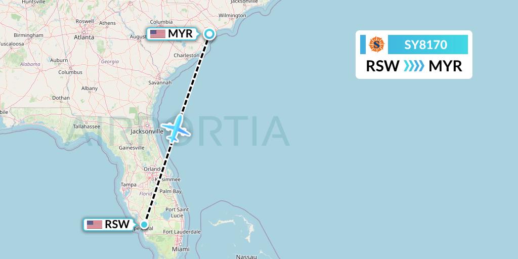 SY8170 Sun Country Airlines Flight Map: Fort Myers to Myrtle Beach