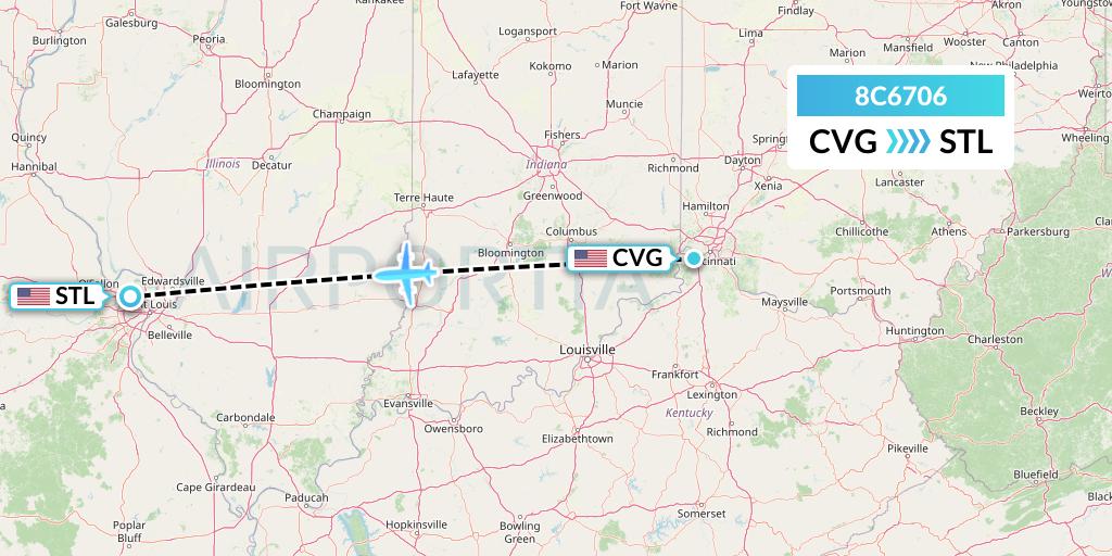8C6706 Air Transport International Flight Map: Cincinnati to St. Louis