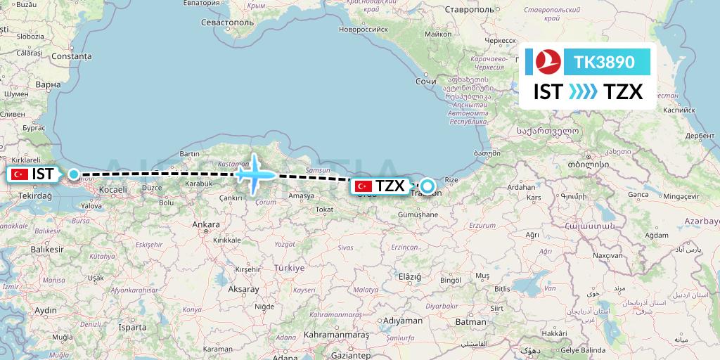 TK3890 Turkish Airlines Flight Map: Istanbul to Trabzon