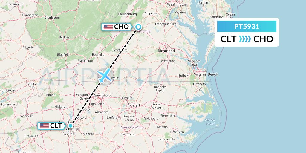 PT5931 Piedmont Airlines Flight Map: Charlotte to Charlottesville
