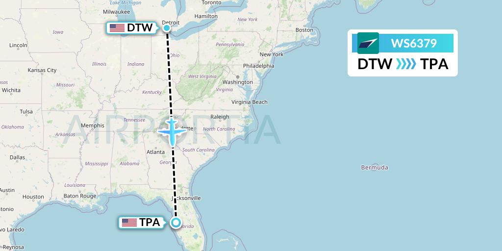 WS6379 WestJet Flight Map: Detroit to Tampa