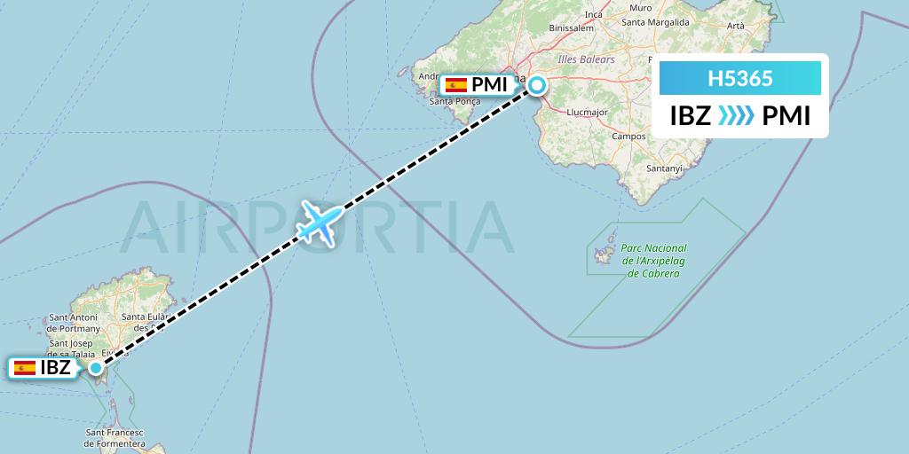 H5365 MAVIAL - Magadan Airlines Flight Map: Ibiza to Palma de Mallorca