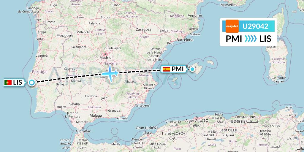 U29042 EasyJet Flight Map: Palma de Mallorca to Lisbon