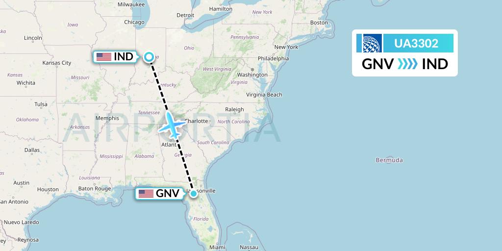 UA3302 United Airlines Flight Map: Gainesville to Indianapolis