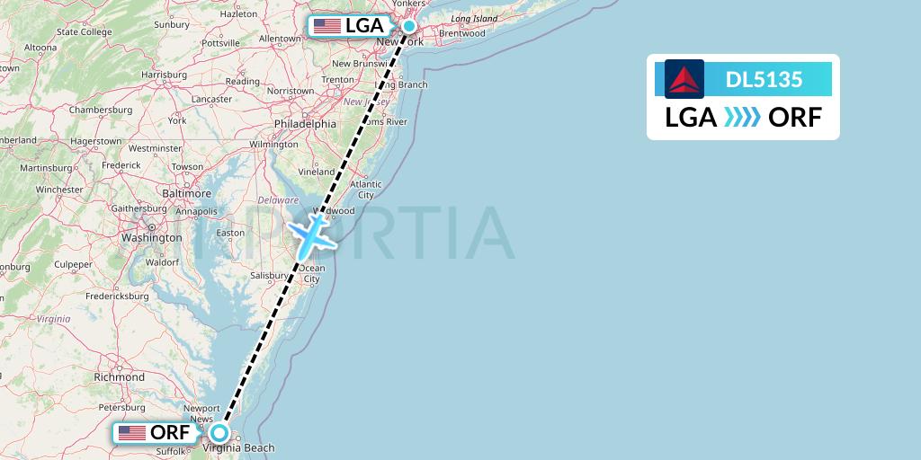 DL5135 Delta Air Lines Flight Map: New York to Norfolk