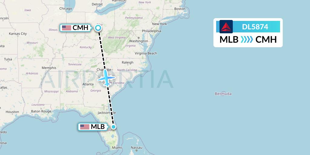 DL5874 Delta Air Lines Flight Map: Melbourne to Columbus
