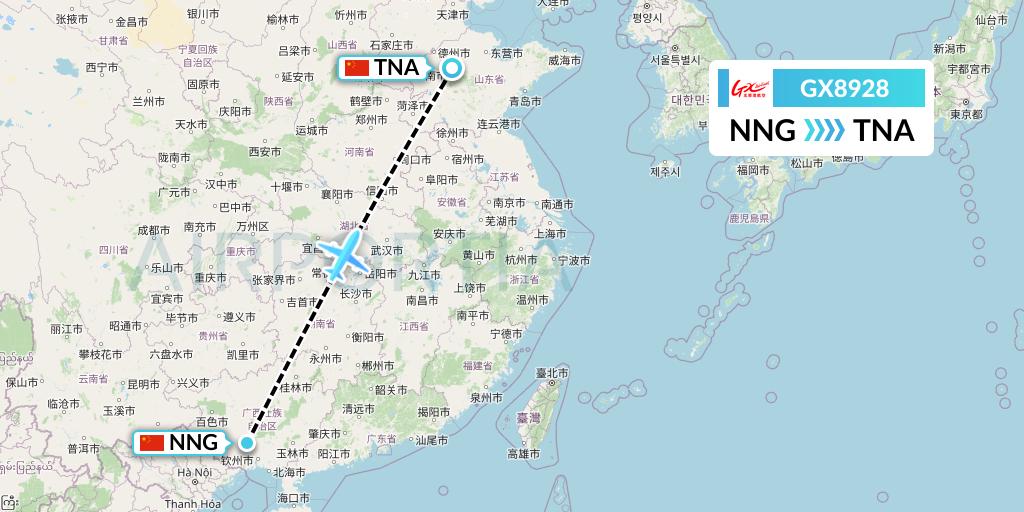 GX8928 GX Airlines Flight Map: Nanning to Jinan