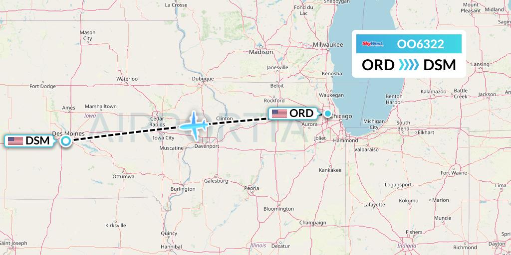 OO6322 SkyWest Airlines Flight Map: Chicago to Des Moines